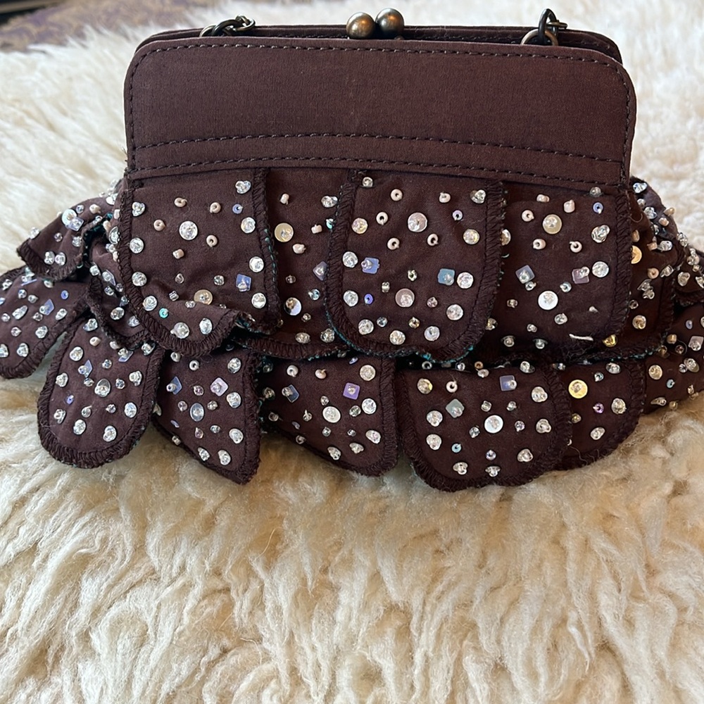 Vintage Gap Brown & Teal wristlet w/sequins & beads gold/brass frame clasp - Picture 3 of 17